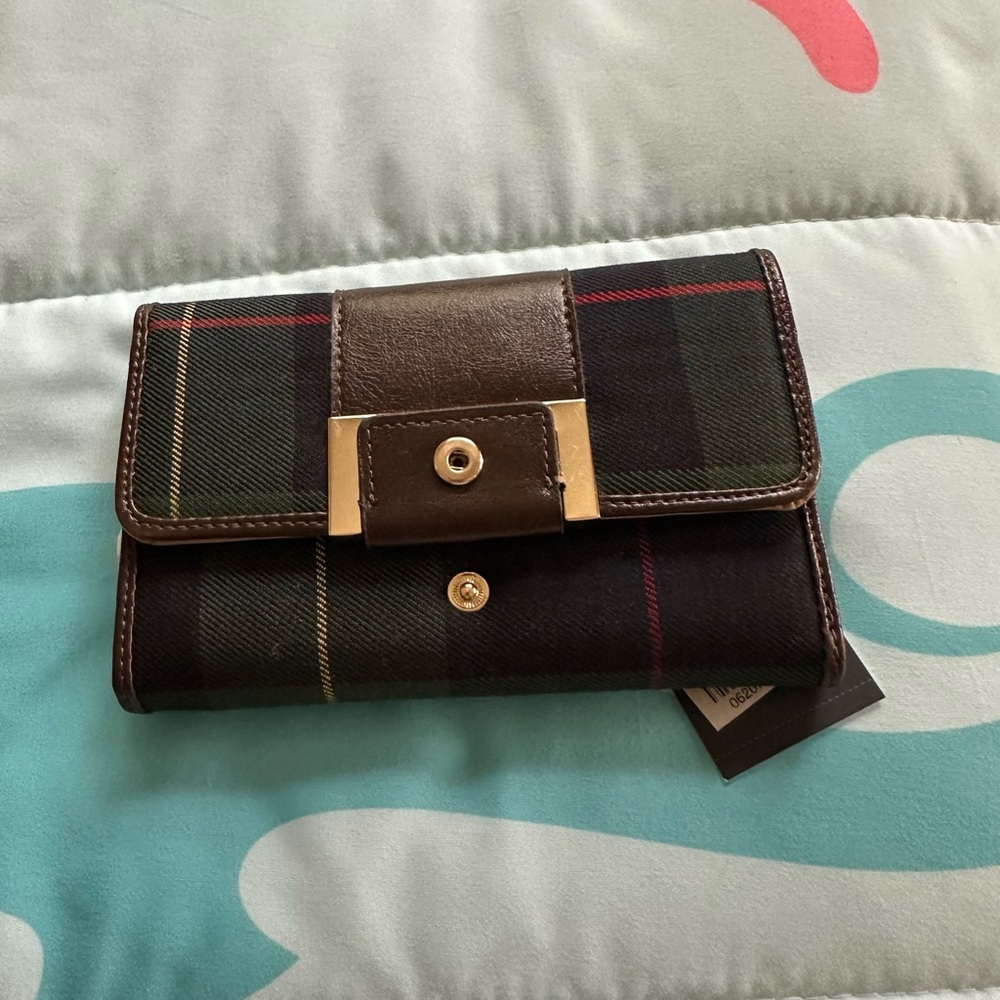 Plaid Wallet with Gold Accents